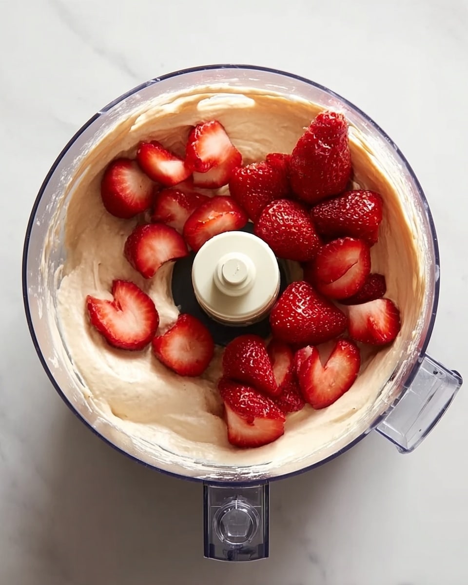 The image shows a white marble board with several ice cream sandwiches made of two light brown cookies with white chips, filled with pale pink strawberry ice cream. The cookies have a rough texture and are cracked on top, some with white chips visible. There are whole fresh strawberries around the sandwiches, including a white bowl full of strawberries on the right side. A glass bowl with brown cookie dough and a metal scoop rests in the upper right corner. A small round glass bowl filled with white cottage cheese sits on a red and white checkered cloth in the upper left corner. Scattered almonds are placed around the board on the white marble surface. photo taken with an iphone --ar 4:5 --v 7