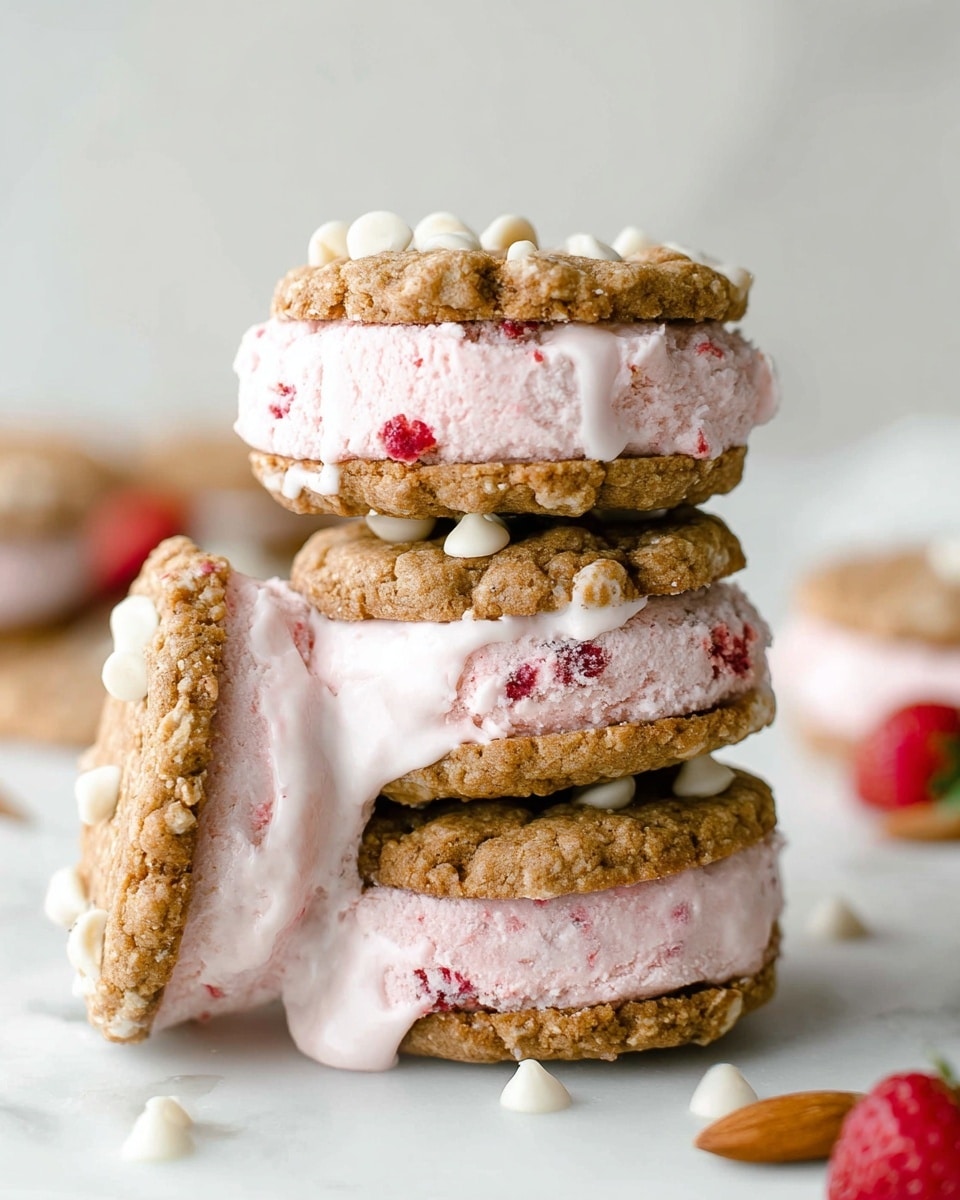 The image shows a stack of three ice cream sandwiches on a white marbled surface. Each sandwich has two oatmeal cookies with visible white chocolate chips acting as the outer layers. Between the cookies is a thick layer of light pink ice cream with small red fruit pieces mixed in, giving it a creamy and slightly textured look. One ice cream sandwich is leaning against the stack on the left side, showing the pink filling oozing slightly from the cookies. The background is softly blurred with a white and light tone, and a few scattered white chocolate chips and a single almond lie near the base. The overall scene is bright and clean, focusing on the dessert. photo taken with an iphone --ar 4:5 --v 7