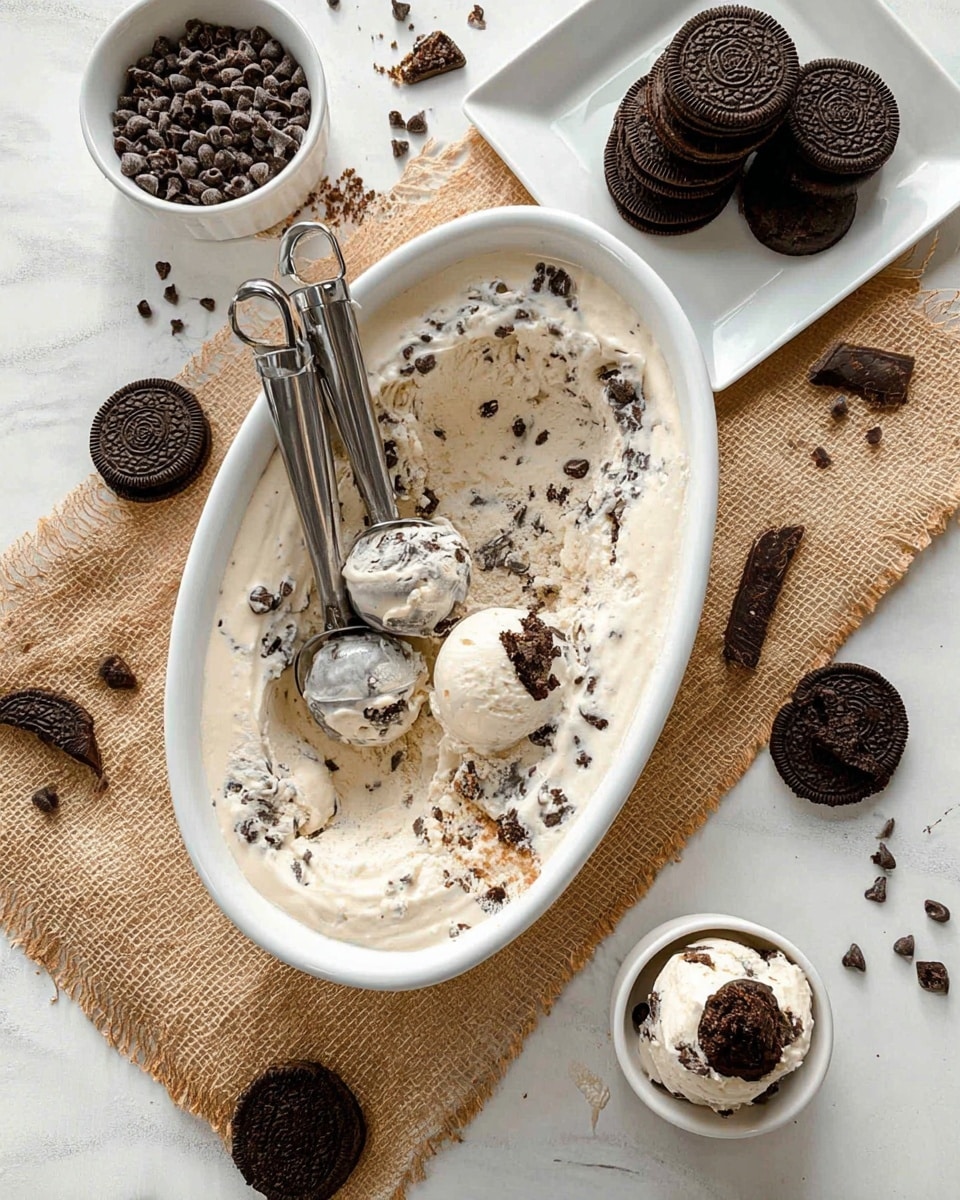 The image shows a white oval dish filled with creamy ice cream mixed with small dark chocolate chips and cookie pieces, with a scoop taken out and two metal ice cream scoops resting inside. Around the dish, on a woven tan cloth on top of a white marbled surface, there is a small bowl of dark chocolate chips, a white square plate with several round chocolate sandwich cookies stacked on it, and a small white bowl with a scoop of the same ice cream topped with a cookie piece. Scattered chocolate chips and broken cookie pieces lie around, adding texture to the scene. Photo taken with an iphone --ar 4:5 --v 7