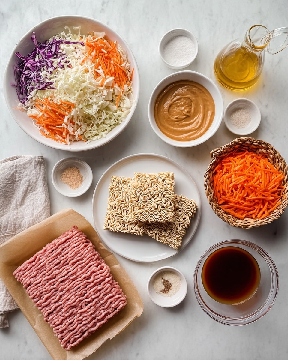 On a white marbled surface, there is a large white bowl at the top left filled with shredded cabbage in white and purple colors, along with thin orange carrot strips mixed evenly, creating a textured, colorful salad layer. Below it, a white plate holds three square blocks of dry ramen noodles with a curly surface texture, arranged flat. To the right, a smaller white bowl contains a smooth brown sauce with a creamy texture, swirled on top. Next to this, a basket with brown parchment paper holds a large portion of raw ground pink meat arranged in neat, parallel lines indicating a fresh and soft texture. Nearby, there is a small white bowl filled with bright orange shredded carrot strands. At the top right, a clear measuring cup with light brown broth is placed alongside a clear glass bottle filled with golden oil, both sitting on the white marbled surface. Additionally, there are three small white bowls containing a white powder, light brown powder, and a dark liquid, while several garlic cloves rest next to these bowls. The whole setting is neat, bright, and clear with natural lighting. Photo taken with an iphone --ar 4:5 --v 7