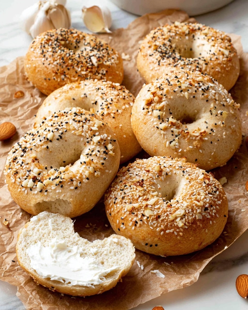The image shows six round bagels with a light golden brown crust sprinkled with sesame seeds, poppy seeds, and bits of garlic on top. One bagel is sliced horizontally, showing a soft, white inside. In front, one bagel is open-faced with a layer of white cream cheese spread inside. The bagels rest on crumpled brown parchment paper on a white marbled surface, with some whole garlic cloves and a few almonds scattered nearby. The texture of the bagels looks soft inside with a slightly crunchy sprinkled top. photo taken with an iphone --ar 4:5 --v 7