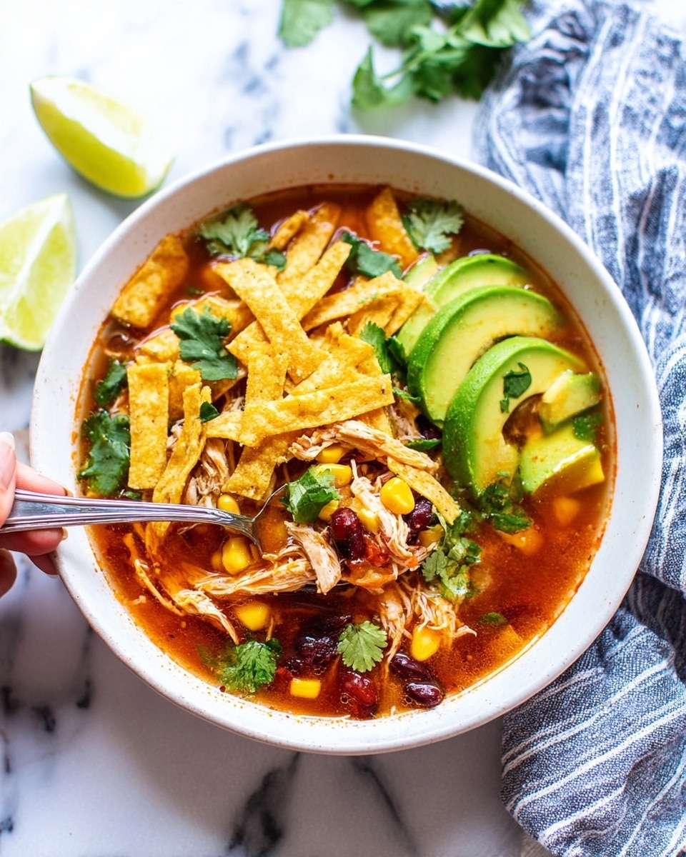 A close-up view of a dark pot filled with a thick orange-red soup that has visible shredded white meat, bright yellow corn kernels, small tomato chunks, and thin light brown tortilla strips floating on the surface, garnished with small green cilantro leaves. The soup has a rich, slightly chunky texture with pieces evenly mixed, and a large ladle is lifting a scoop that shows a good mix of all ingredients inside. The background is a white marbled surface photo taken with an iphone --ar 4:5 --v 7
