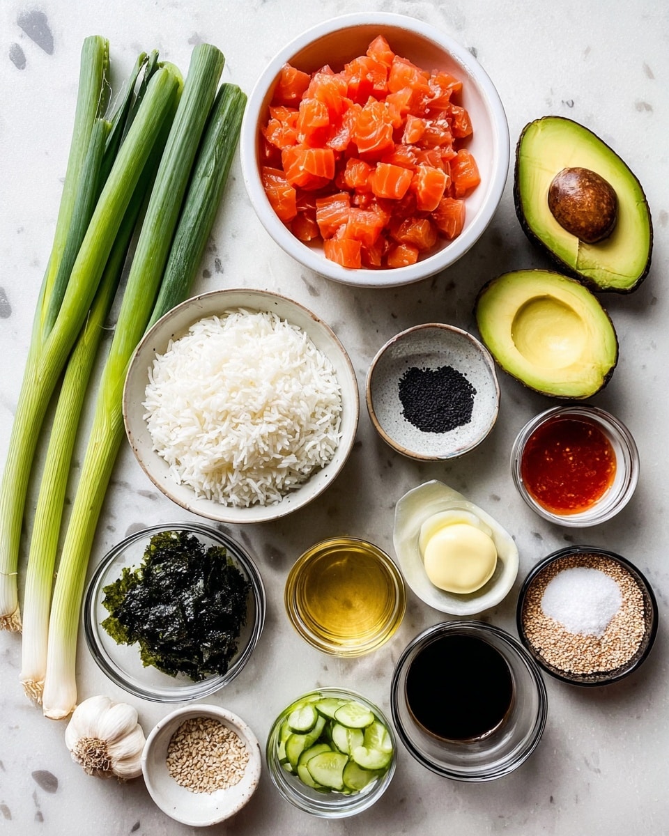 The image shows many small bowls of ingredients on a white marbled surface. There is one deep white bowl full of white rice and one similar bowl with bright orange raw fish cubes. Next to them are three long green onions placed flat. A halved avocado, green inside and brown seed showing, sits nearby. Small black, white, and transparent bowls hold seaweed sheets, sesame seeds, red sauce, salt, yellow liquid, mayonnaise, cucumbers, sugar, and a dark liquid. Three small garlic cloves rest on the surface. The layout is neat and colorful with the ingredients clearly visible. Photo taken with an iphone --ar 4:5 --v 7
