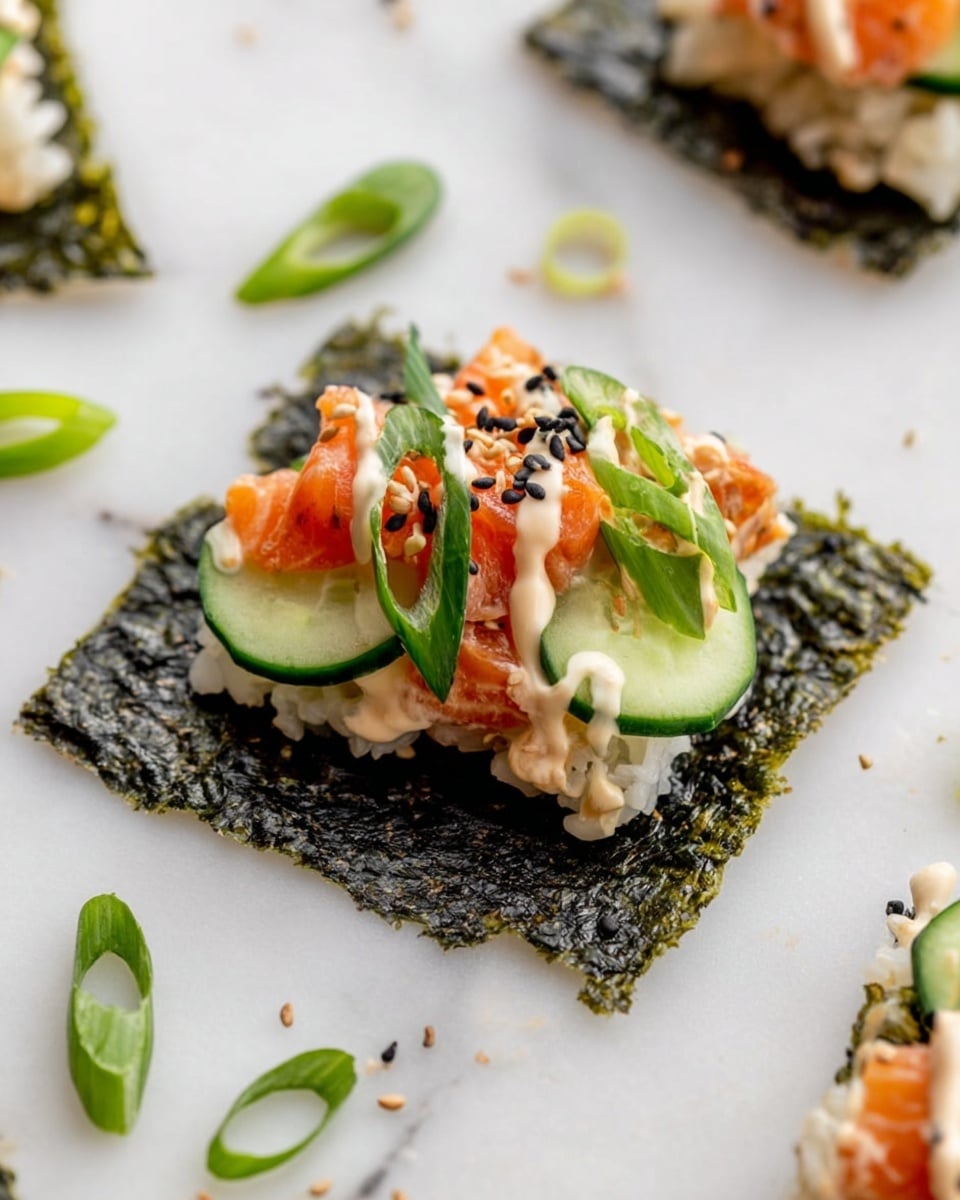 The dish shows a white deep ceramic dish filled with layers starting from white rice at the bottom, topped with bite-sized pieces of cooked salmon that are orange with light grill marks, scattered with bright green diced avocado and cucumber chunks. Over the top, there are thin slices of dark green scallions spread evenly, drizzled with a creamy light beige sauce. White and black sesame seeds are sprinkled throughout, adding texture and color contrast. A silver spoon rests inside the dish on the right, partially scooping some of the layered food, all set on a white marbled surface. Photo taken with an iphone --ar 4:5 --v 7