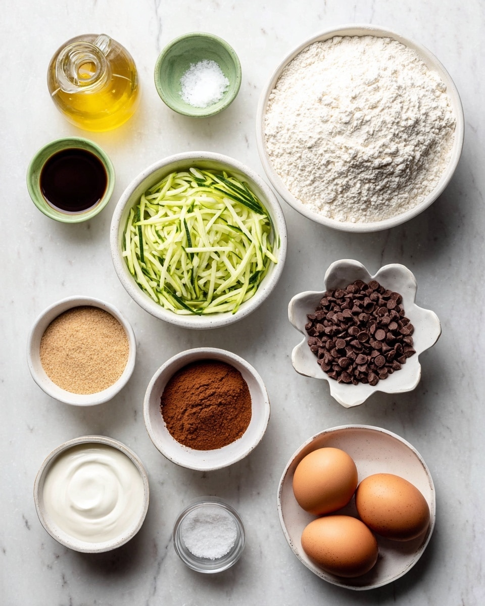 The image shows a neat arrangement of ingredients on a white marbled surface. There are two brown eggs on the right side, beside a large white bowl full of white flour. Below the flour, a white bowl holds light brown sugar. To the left, a small green bowl contains white salt, and a small white bowl holds white baking powder. Above the sugar, a small white bowl is filled with brown powder, likely cinnamon. Next to it, a small white bowl contains thick, white yogurt. Above the yogurt, a white bowl is full of thinly shredded green zucchini strands. At the top left, a clear glass bottle with light yellow oil stands beside a small clear bowl of dark brown vanilla extract. At the top center, a white bowl shaped like a flower holds dark brown chocolate chips. The items are placed with space around them giving a clean and organized look. photo taken with an iphone --ar 4:5 --v 7