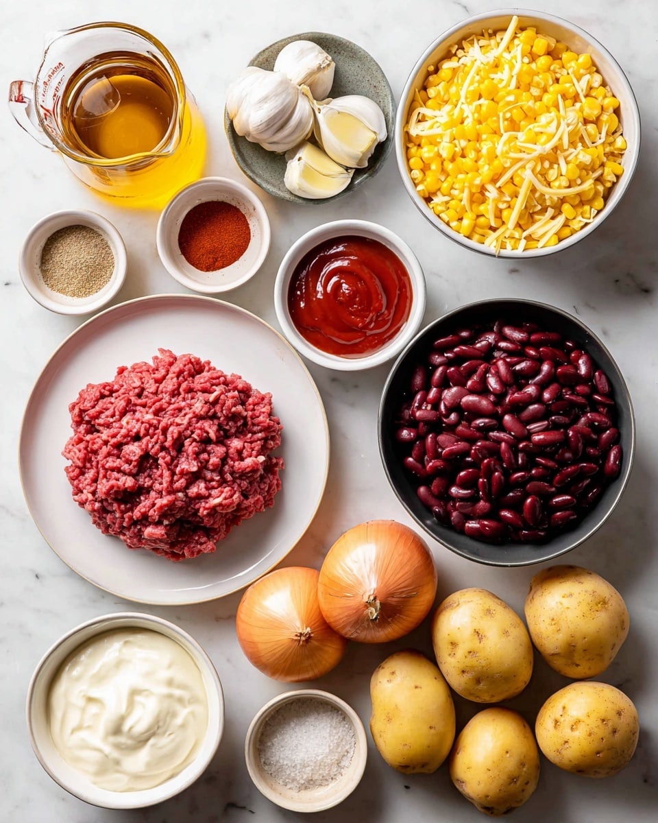 Top view of ingredients arranged neatly on a white marbled surface: one mound of raw ground beef with a deep red color placed on a white plate at bottom left, a shiny yellow onion next to several light brown potatoes at bottom right, a white bowl of bright yellow corn kernels near the center right, a white bowl filled with dark red kidney beans in the top right, a small white bowl with three whole cloves of garlic just above the onion, a white bowl with thick white sour cream near the beans, a black bowl in the center filled with shredded yellow cheese, a clear glass measuring cup with amber liquid at the left, a clear bottle of light yellow oil just above it, a small black bowl with bright red sauce near the oil, a few small white bowls with salt and pepper, and a small beige bowl containing red paprika and light powder near the bottom left. The colors and textures are clear and fresh, all arranged closely together. photo taken with an iphone --ar 4:5 --v 7