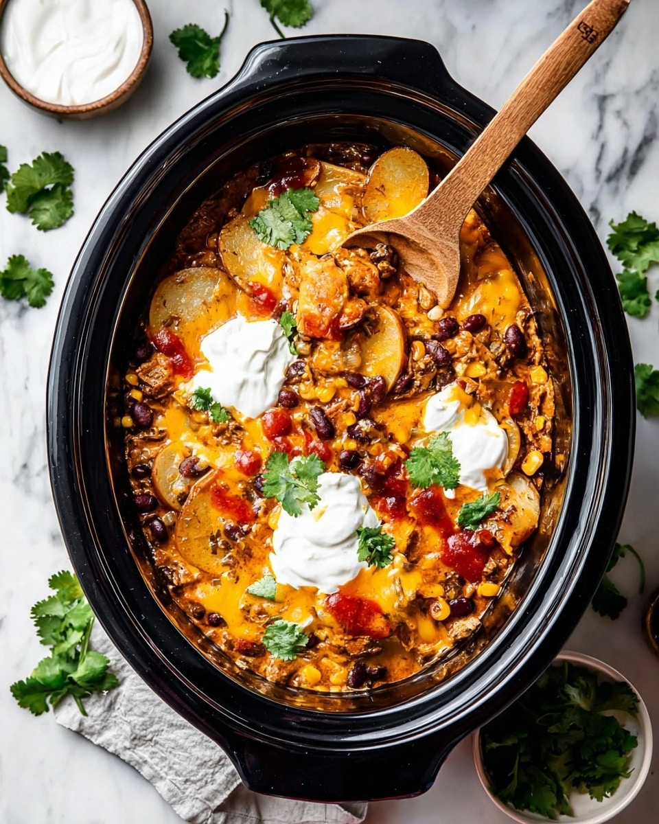 A black slow cooker holds a layered dish starting with slices of light brown potatoes at the bottom, mixed with dark brown beans and golden yellow corn scattered throughout. On top, melted orange cheddar cheese covers the layers with patches of bright red sauce pooling in places. Three dollops of smooth white sour cream sit on the surface, garnished with fresh green cilantro leaves. A wooden spoon rests in the dish, scooping up some of the food, on a white marbled surface with scattered cilantro and small white bowls around. Photo taken with an iphone --ar 4:5 --v 7
