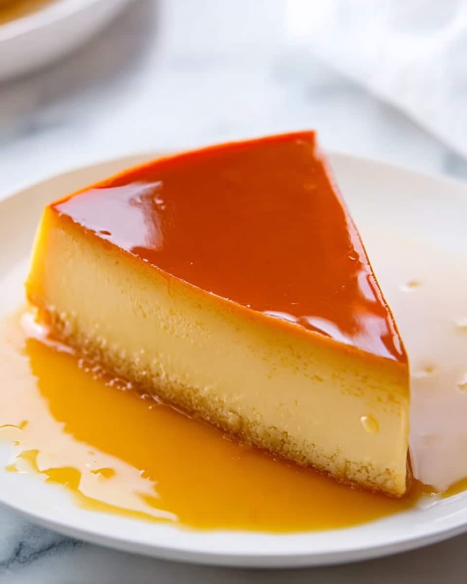 A slice of light yellow flan with a smooth texture sits in the middle of a white plate, covered with a shiny, thick golden caramel sauce that pools around the base. The flan has a slightly darker golden top layer where the caramel sits, creating a subtle glowing effect. The plate is placed on a white marbled surface, and in the background, there is a blurred silver fork and a white cloth visible. The overall look is clean and bright with soft natural lighting highlighting the glossy caramel and creamy flan texture. Photo taken with an iphone --ar 4:5 --v 7