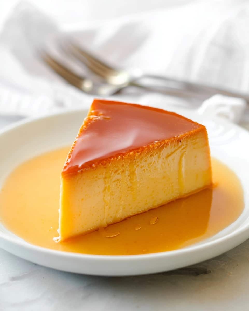 The image shows one slice of flan on a white plate, placed on a white marbled surface. The flan has three visible layers: the top layer is a smooth, shiny caramel glaze with a rich amber color, the middle layer is a creamy, pale yellow custard with a soft and smooth texture, and the bottom layer is a thin, slightly darker caramelized base. Caramel sauce surrounds the flan slice, pooling gently on the plate. The scene is brightly lit, highlighting the glossy top and creamy texture of the flan, photo taken with an iphone --ar 4:5 --v 7