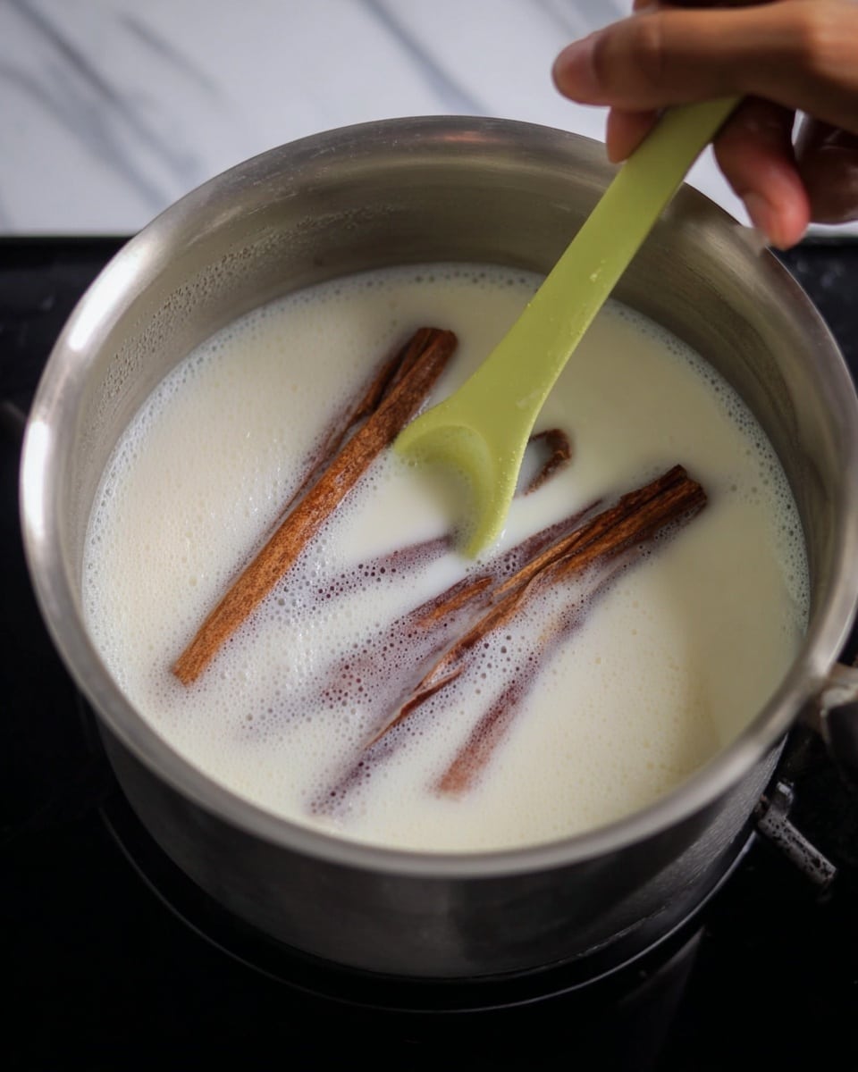 A white bowl filled with creamy, light yellow pudding topped with a dusting of brown cinnamon powder, with a spoon scooping up a smooth, thick portion of the pudding. The bowl sits on a white plate, all placed on a white marbled surface. The pudding has a soft, velvety texture with tiny specks of cinnamon on top and on the spoon's contents. photo taken with an iphone --ar 4:5 --v 7