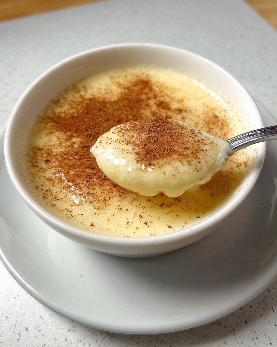 A gray bowl filled with a creamy, light yellow soup, speckled with small dots of spice on the surface and sprinkled with a light brown powder on top, sits on a white plate with rounded edges. A metal spoon rests partially submerged on the right side of the soup, with the spoon handle extending outward. The bowl and plate are placed on a light wooden board, which is set against a white marbled background. photo taken with an iphone --ar 4:5 --v 7