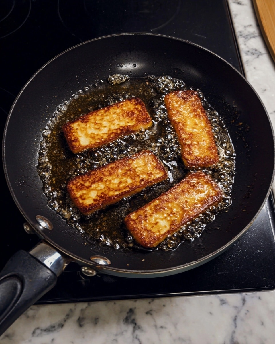 A group of six long, golden brown fried sticks with a crispy texture are placed side by side on a white plate with brown speckles and a thin brown edge. One stick is turned slightly to show a soft, pale inside with small holes, contrasting the darker crust. The plate sits on a white marbled surface. photo taken with an iphone --ar 4:5 --v 7