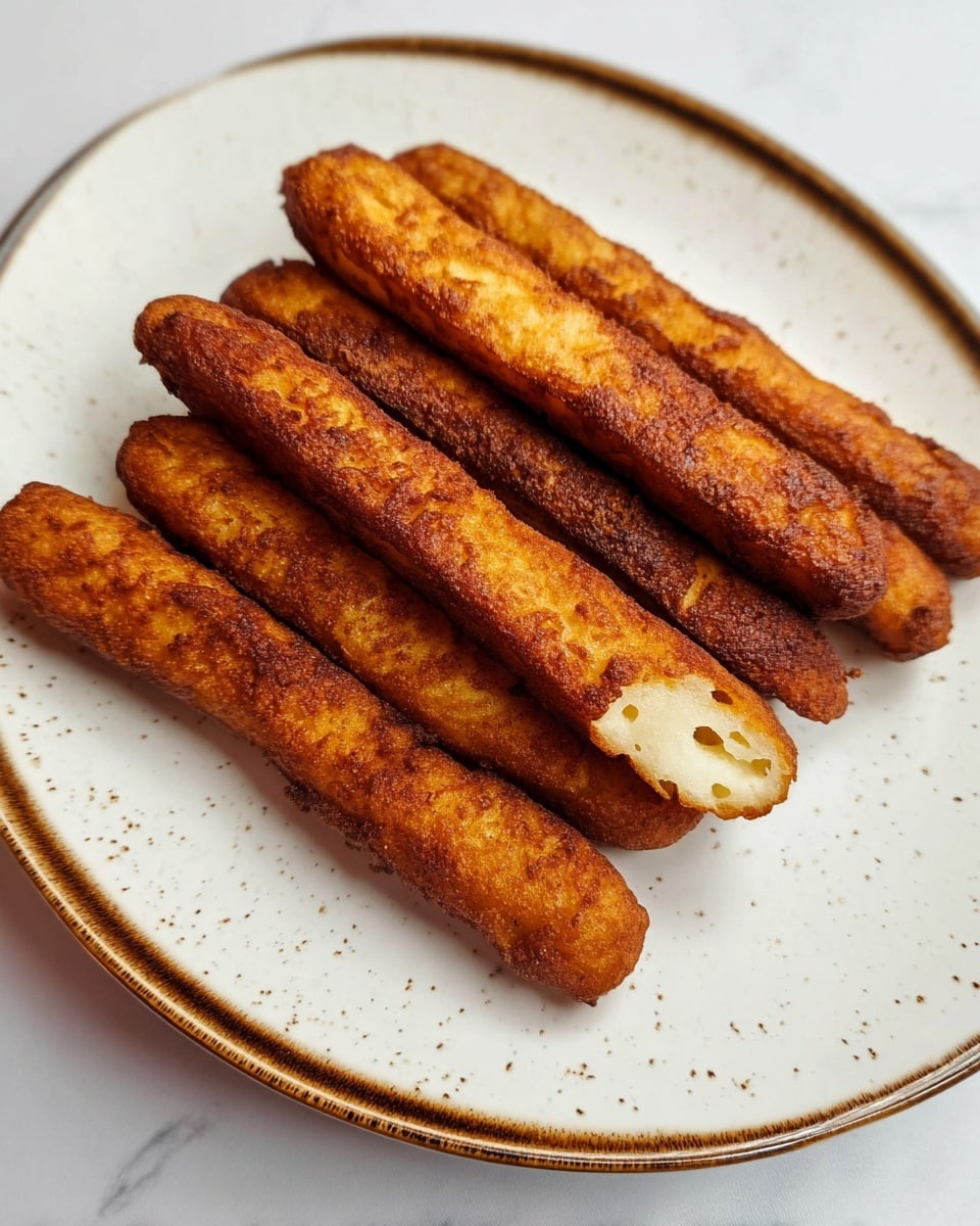 This image shows six pieces of golden brown fried cheese lined up in a row on a long white plate with a thin brown rim. Each piece has a crispy, browned outer layer with small textured bubbles, and the cheese inside is white and soft, visible at some edges. The pieces are placed closely together, and the plate sits on a white marbled surface. The lighting highlights the rich golden colors and the crispy textures clearly. Photo taken with an iphone --ar 4:5 --v 7