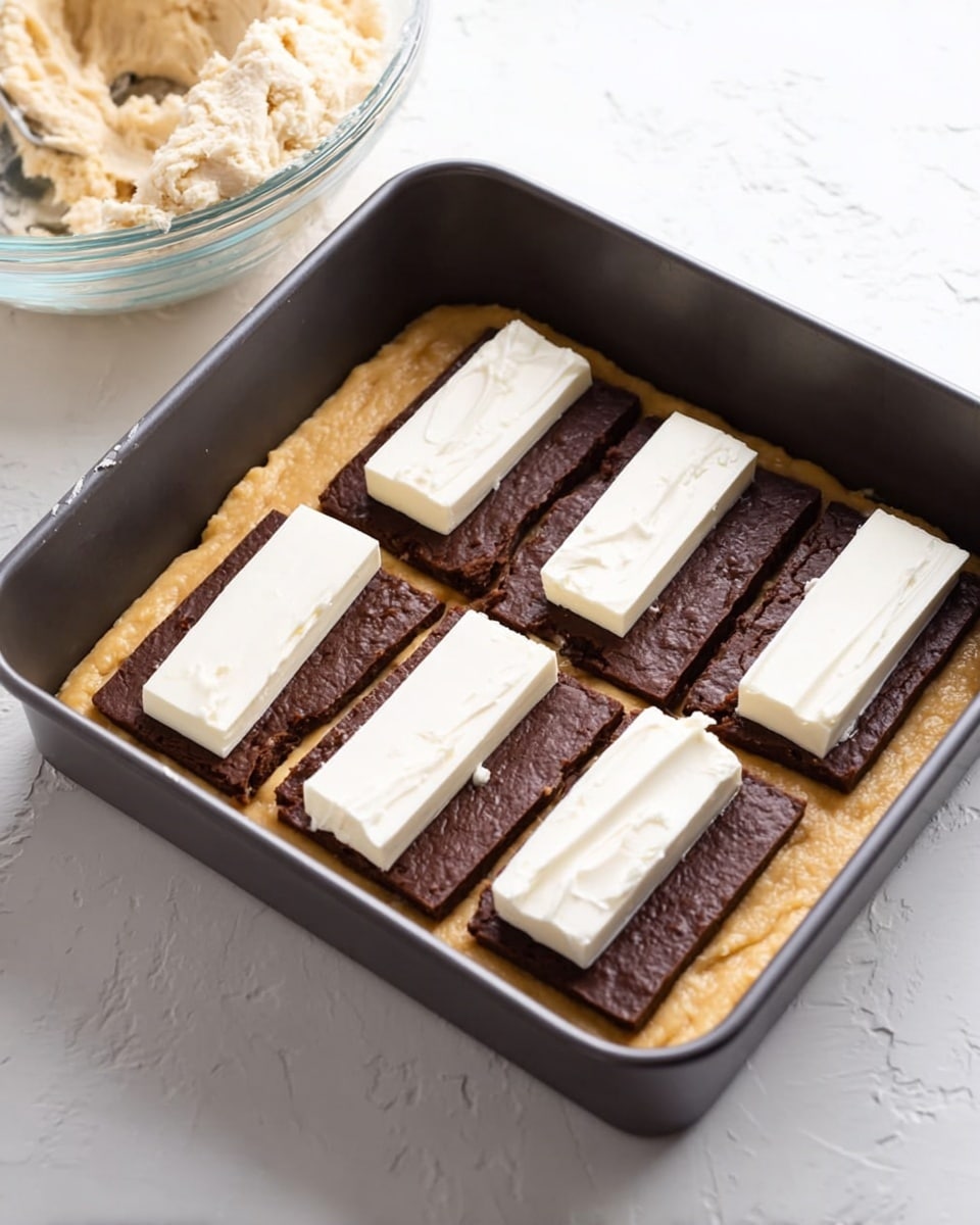 The image shows a dark gray square baking pan with three visible layers of ingredients. The bottom layer is a light golden cookie dough spread evenly across the pan. On top of this dough are four dark brown rectangular strips, laid side by side to cover most of the surface. Placed on these dark strips are rectangular pieces of white cream cheese, arranged in two rows with four pieces in each row. The pan sits on a white marbled surface, and a glass bowl with more light-colored dough is partially visible in the upper left corner. Photo taken with an iphone --ar 4:5 --v 7
