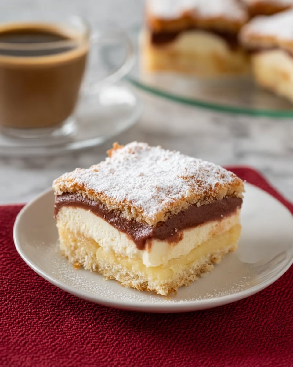 Two square pieces of cake stacked on a white marbled surface show three visible layers: a light golden brown top sponge layer dusted with white powdered sugar, a middle creamy yellow layer, and a bottom layer featuring a darker brown jam-like filling mixed with cake. The texture of the sponge looks soft and crumbly, while the middle creamy layer is smooth. The pieces have rough edges with some crumbs scattered around. Photo taken with an iphone --ar 4:5 --v 7