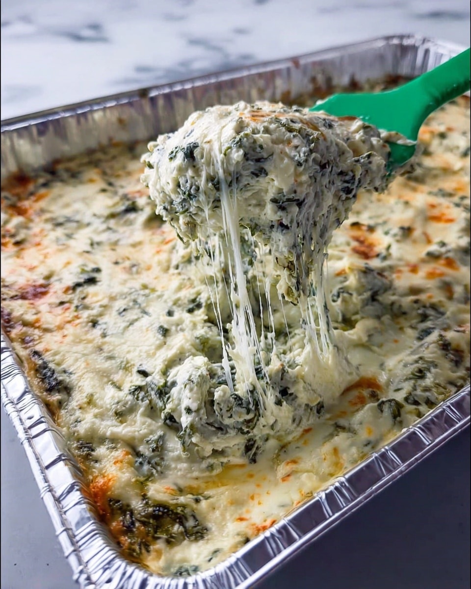 A white square bowl with a thin dark rim holds a creamy spinach and cheese dip, showing a mix of soft white cheese layers with green spinach leaves throughout, topped with slightly browned, melted cheese spots. A woman's hand with red polished nails is lifting a pale yellow tortilla chip from the dip, with stringy melted cheese pulling up from the bowl. The bowl sits on a wooden board on a white marbled surface. photo taken with an iphone --ar 4:5 --v 7