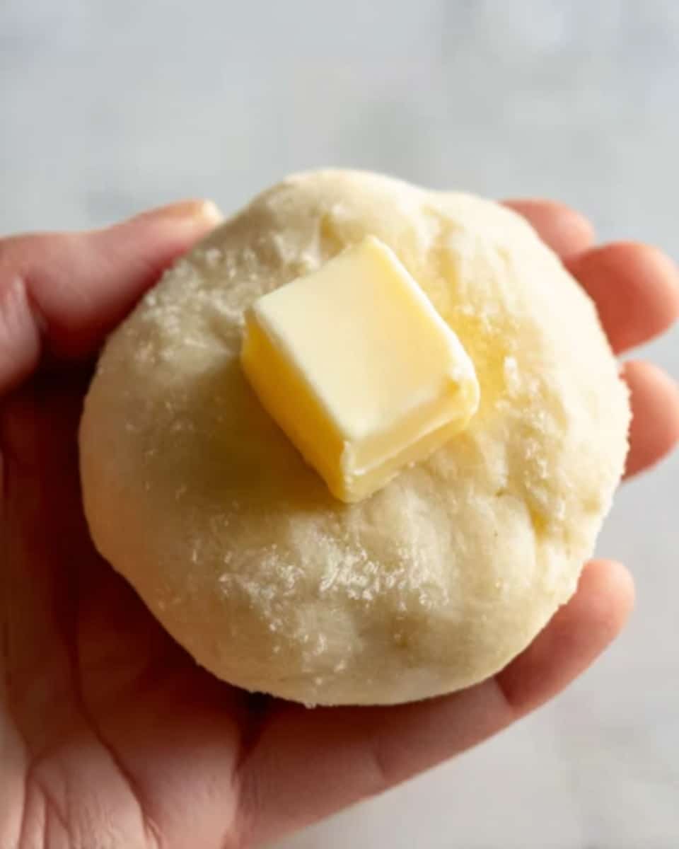 A woman's hand holds a round, soft dough ball that looks slightly rough in texture and is pale cream in color. On top of this dough ball lies a small, smooth cube of light yellow cheese that contrasts with the dough's soft texture. The background surface is white marble, adding a clean and bright setting to the image. photo taken with an iphone --ar 4:5 --v 7