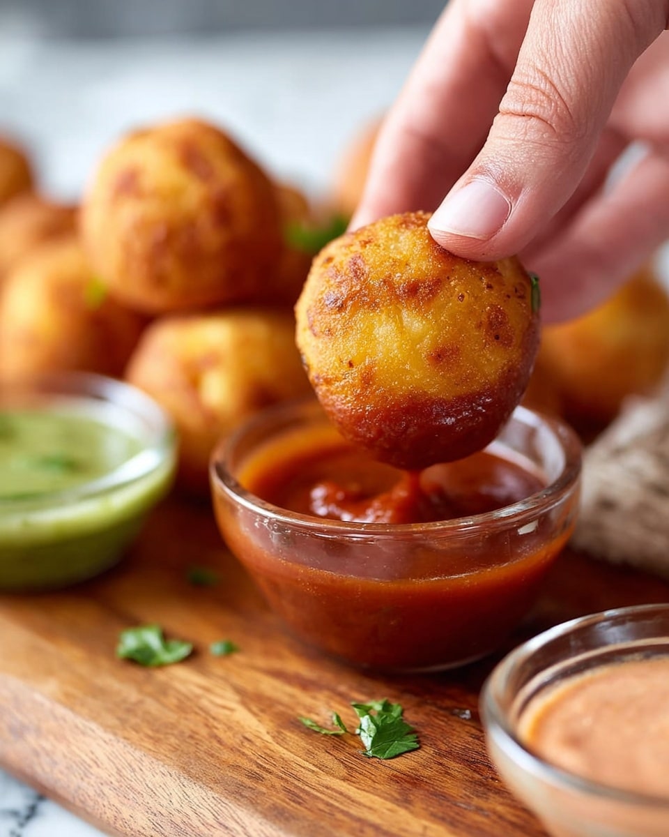 A stack of round, golden brown fried balls filled with melted white cheese is placed on a wooden board with small green herb leaves scattered on top. One cheese ball is broken open, revealing creamy, stretchy white cheese inside. In the background, there are three small clear glass bowls with different dips in green, red, and light orange colors. The setting is on a white marbled surface. photo taken with an iphone --ar 4:5 --v 7