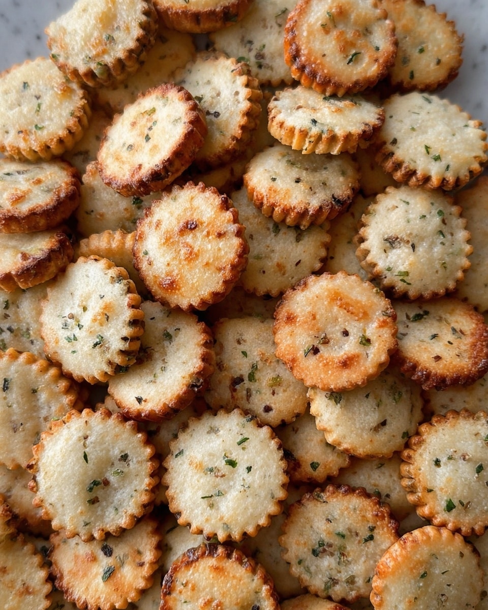 A pile of small round snacks with scalloped edges fills the image, each piece showing a baked golden-brown top with some darker toasted spots. The snacks have a light beige base color mixed with some specks of green herbs scattered across the surface, giving a textured look. Each piece appears slightly puffed and thick, showing a soft but firm texture. They are closely packed, covering the entire frame with no gaps. The background surface has a white marbled texture. photo taken with an iphone --ar 4:5 --v 7