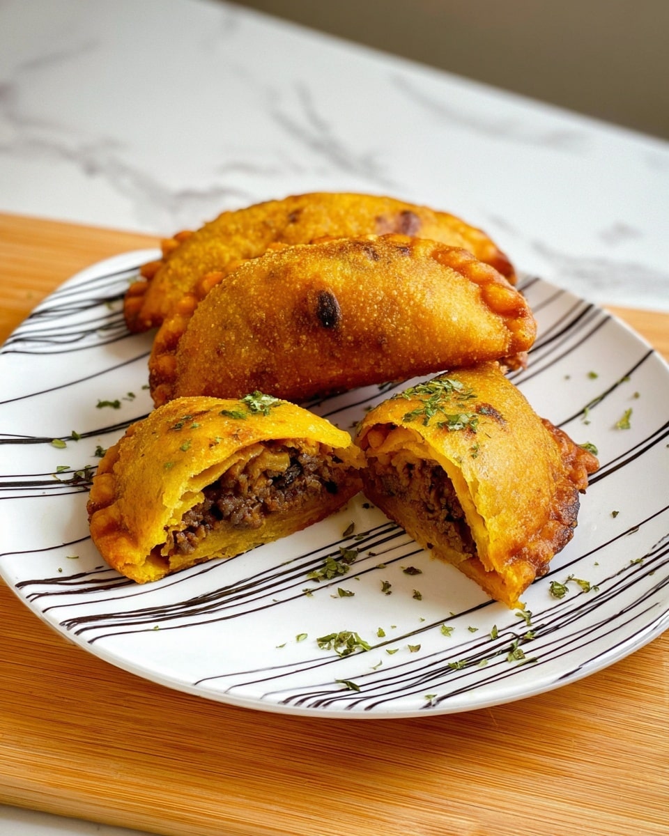 Three golden-brown fried pastries sit on a white plate with black curved lines. Two whole pastries have a slightly crispy texture with small green herb sprinkles. The third pastry is cut in half showing a dark brown minced meat filling inside a thick yellowish crust. The plate is on a light wooden board with a white marbled surface in the background. photo taken with an iphone --ar 4:5 --v 7