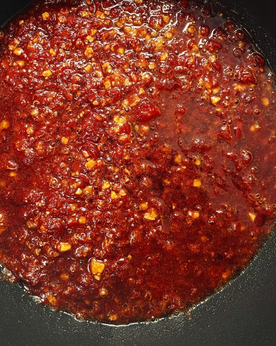 The image shows a single layer of thick, chunky sauce cooking in a black pan. The sauce is deep red with bits of yellow and orange pieces throughout, giving it a textured look. It looks slightly oily with small bubbles around the edges. The pan's surface is dark and contrasts with the rich color of the sauce. photo taken with an iphone --ar 4:5 --v 7