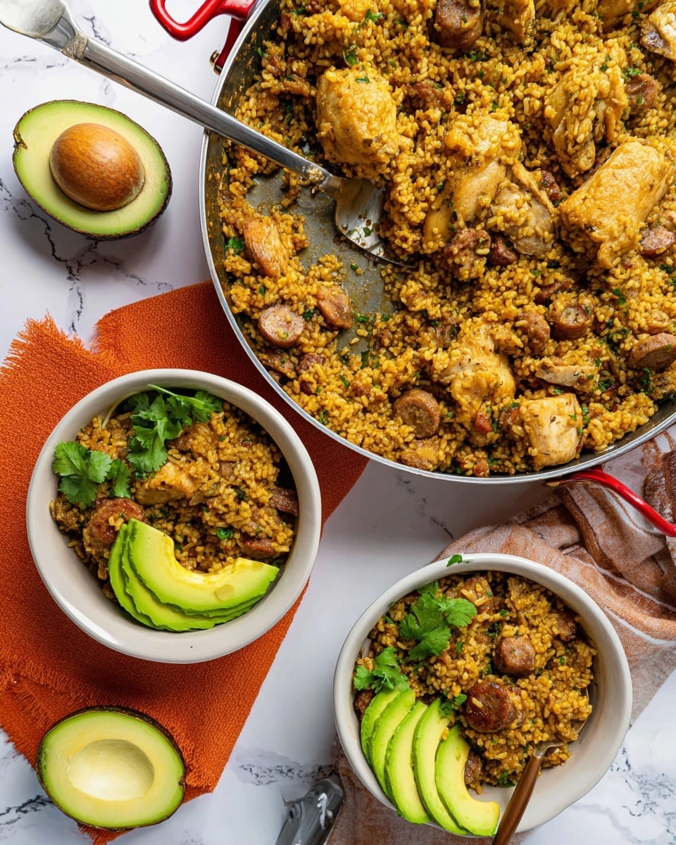 A large silver pan with red handles filled with golden brown rice mixed with lentils and pieces of browned chicken and sausage, sitting on a white marbled surface. Next to the pan, an avocado half with a large seed is placed, showing bright green flesh. Below, there are two white bowls: the left bowl contains a portion of the rice mixture topped with a piece of chicken and fresh green cilantro, garnished with fanned slices of avocado on the side; the right bowl holds a similar rice and chicken mix. Both bowls rest on a folded orange cloth, and a fork is placed inside the left bowl. The scene is bright and neatly arranged, highlighting the texture and colors of the meal, photo taken with an iphone --ar 4:5 --v 7