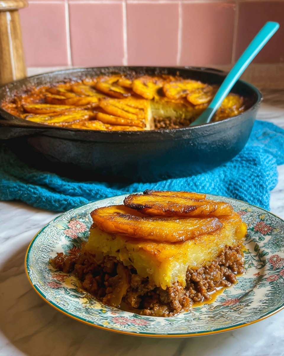 A thick slice of layered dish sits on a patterned plate with blue and green floral designs, showing three layers: a bottom layer of soft yellow cheese, a thick brown ground meat middle, and a top layer of golden fried plantain slices arranged neatly side by side. Behind the plate, there is a large black cast iron pan filled with the same dish, topped with more golden fried plantain slices. A turquoise spoon rests inside the pan, which is placed on a blue cloth on a white marbled surface. The background shows soft pink tiles. Photo taken with an iphone --ar 4:5 --v 7
