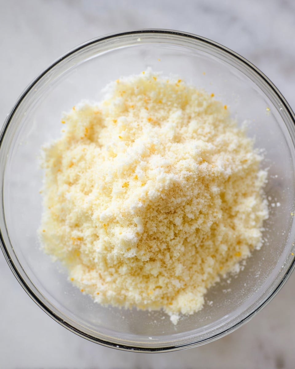 The image shows a clear glass bowl on a white marbled surface filled with a grainy mixture that looks light yellow and white. The texture is fine and crumbly, with small uneven clumps spread in the middle of the bowl. There are tiny yellow specks mixed throughout the mostly white granular base. The bowl is centered in the image and the background is softly blurred, keeping the focus on the textured mixture inside the bowl. photo taken with an iphone --ar 4:5 --v 7