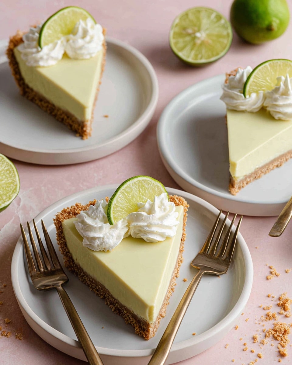 The image shows three slices of key lime pie, each on a white plate, placed on a soft pink surface. Each pie slice has three layers: the bottom layer is a crumbly, golden brown crust, the middle layer is a smooth, pale yellow-green lime filling, and the top layer features a swirl of white whipped cream. Each slice is garnished with two thin lime wedges arranged vertically on the lime filling near the whipped cream. Two vintage bronze forks rest diagonally on two plates. In the background, there is a whole lime and a halved lime, with some scattered crumbs nearby. photo taken with an iphone --ar 4:5 --v 7