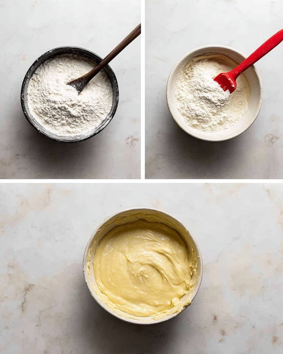 The first image shows a black bowl filled with white powdered flour and a dark wooden spoon resting in it, placed on a white marbled surface. The second image presents a white bowl containing a mixture of white flour and yellow batter partially combined with a red spatula sticking out from the side, also on the same white marbled surface. The third image shows the same white bowl now filled with smooth, thick yellow batter fully mixed with the red spatula held inside the batter, still placed on the white marbled surface. Photo taken with an iphone --ar 4:5 --v 7