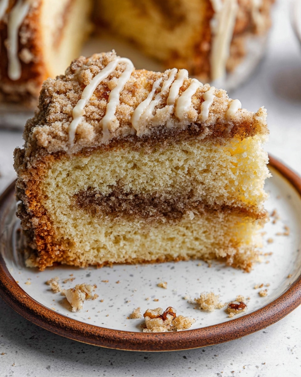 A round bundt cake with a brown crumb topping and white icing drizzled over the top sits in the center on a white plate with a speckled pattern, placed on a white marbled surface. The cake has one slice removed that shows two layers: a pale yellow cake with a thick brown swirl filling in the middle. Around the cake, there are several slices of the same cake on white plates with the same speckled pattern, revealing the same two-layer look with the brown swirl inside. Two clear glass cups with dark coffee are also on the surface behind the cake, adding a simple beverage contrast. Photo taken with an iphone --ar 4:5 --v 7