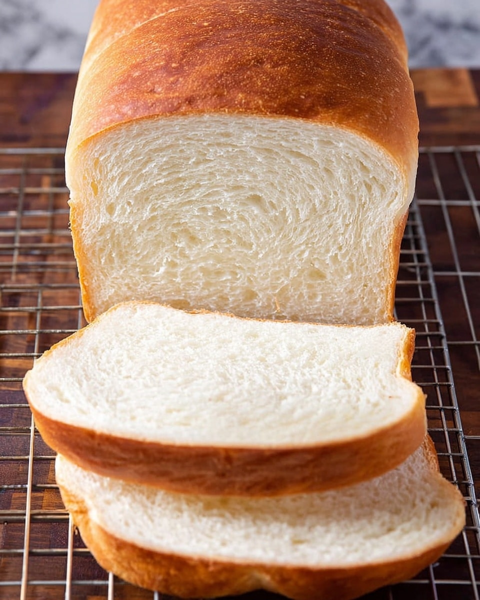 A loaf of white bread with a golden brown crust and a soft, fluffy white interior is placed on a cooling rack over a white marbled surface. The loaf is partially sliced, showing two flat, even slices lying in front of the main bread piece. The crust is smooth with a slight shine, and the bread texture is light and airy with tiny holes inside. The focus is on the front slice, highlighting the contrast between the outer crust and the soft white bread inside. Photo taken with an iphone --ar 4:5 --v 7