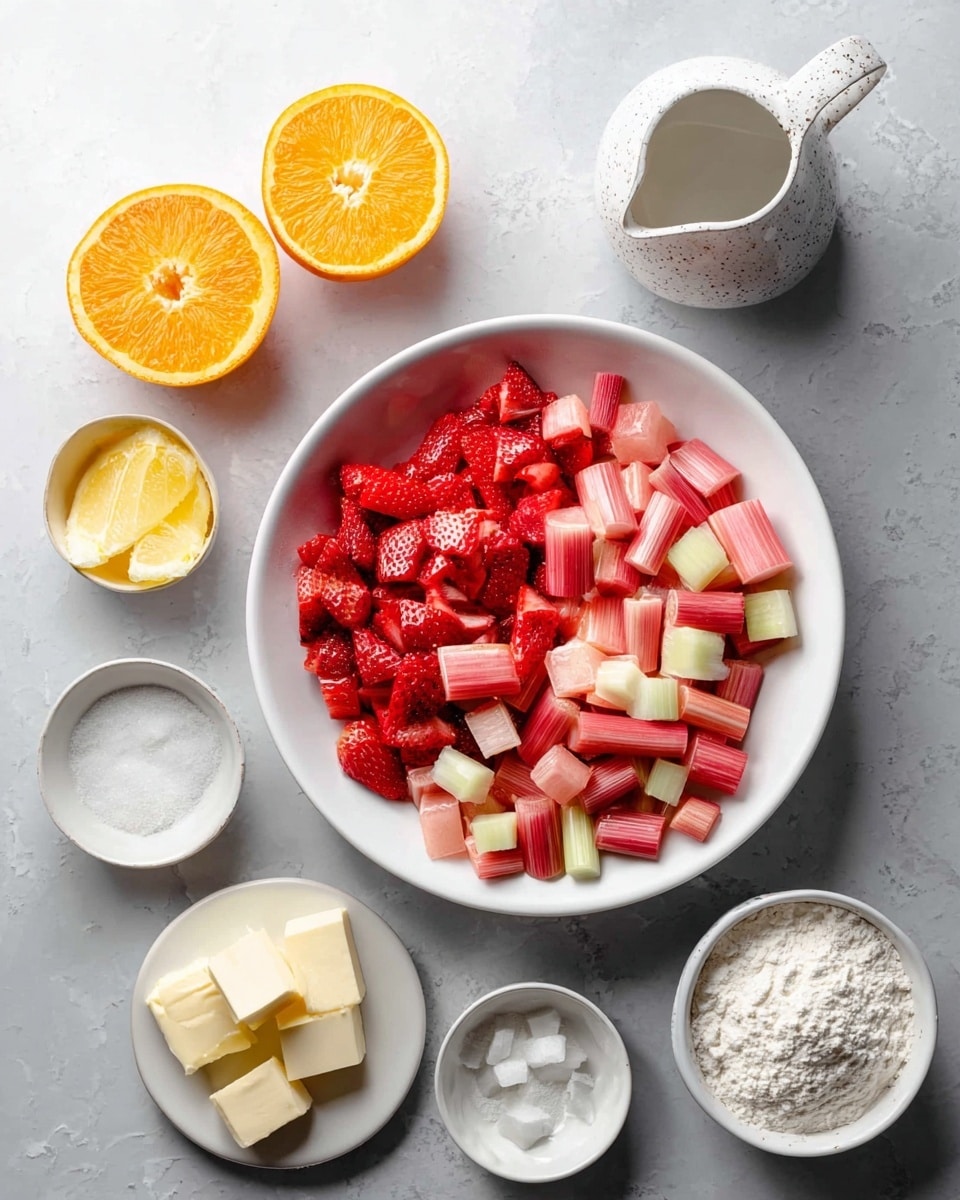 A white bowl filled with two layers of cut fruits: the bottom layer has pink and light green pieces of rhubarb, and the top layer is red chopped strawberries. Around the bowl are smaller white bowls and plates containing white sugar, cubed butter, and flour, arranged on a white marbled texture. On the left side, there is a halved orange and lemon, showcasing bright yellow and orange colors, and a white speckled pitcher with water. The image is bright with soft natural light. photo taken with an iphone --ar 4:5 --v 7
