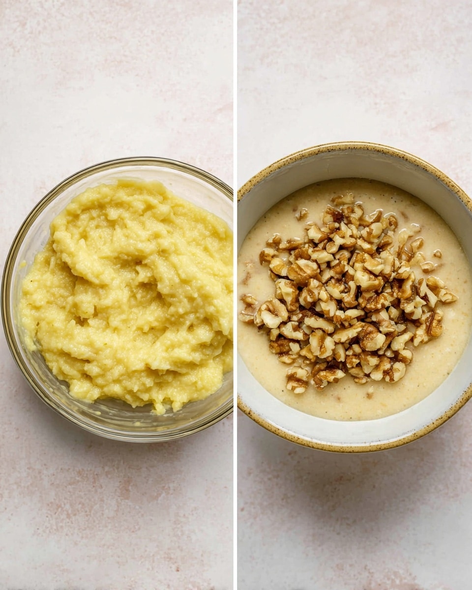 The image shows two clear and white bowls placed on a white marbled surface. The bowl on the left contains a thick, mashed yellow mixture with a soft and slightly lumpy texture. The bowl on the right holds a creamy, pale yellow batter with a smooth texture, topped with a generous pile of chopped brown walnuts clustered in the center. The bowls have a simple round shape with the one on the right having a slightly glazed rim. photo taken with an iphone --ar 4:5 --v 7