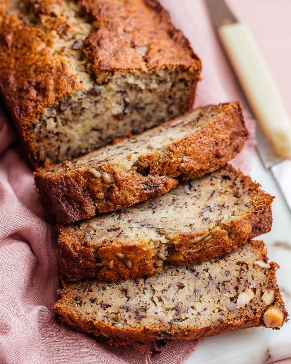 The image shows four thick slices of banana bread stacked on top of each other, revealing a moist, dense texture with darker specks throughout. The bread has a golden brown crust with slight cracks and a soft lighter interior spotted with bits like banana and nuts. The stack sits on a soft pink cloth spread on a white marbled surface. Scattered around the bread are whole walnuts and a piece of ginger root on the side, softly blurred in the background. photo taken with an iphone --ar 4:5 --v 7