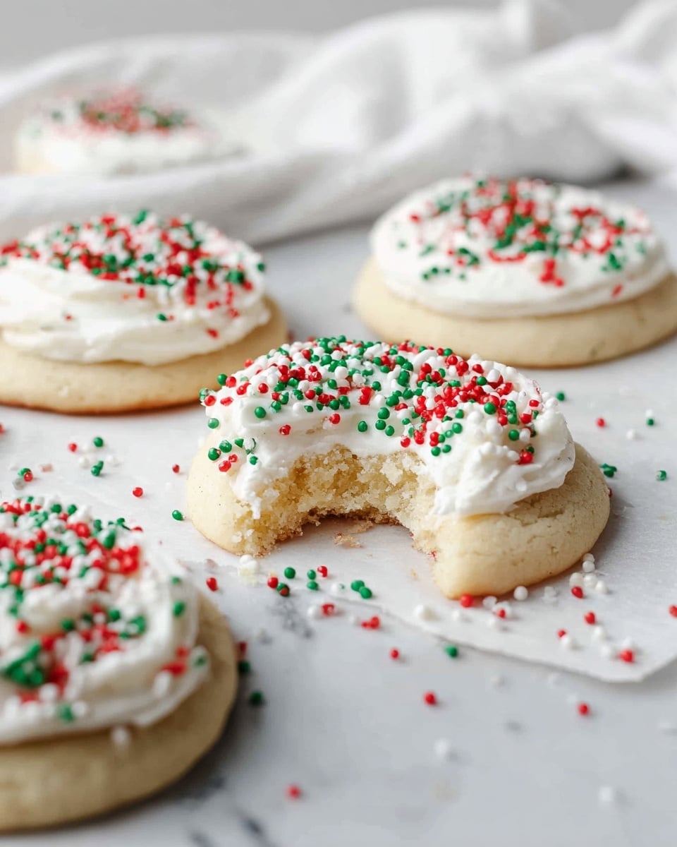 A group of round sugar cookies laying flat on a white marbled surface, each cookie topped with a thick, creamy layer of vanilla frosting that has tiny dark specks throughout; the cookies are light golden brown in color and one near the center has a bite taken out showing a soft crumb inside, with a few small crumbs scattered nearby; a sheer white cloth is softly draped on the right side of the image, adding a delicate texture to the scene, photo taken with an iphone --ar 4:5 --v 7
