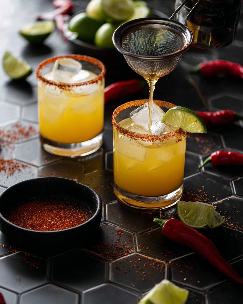 There are two clear glass cups filled with yellow-orange liquid and large ice cubes, each rimmed with a reddish spice. A thin stream of a light liquid is being poured through a small metal strainer into the front glass. Around the glasses, there are lime wedges and whole red chili peppers on a dark hexagonal tiled surface, with a black bowl filled with reddish spice and a lime wedge on its rim. The background is softly blurred showing more lime halves and peppers. The overall scene feels fresh and vibrant. photo taken with an iphone --ar 4:5 --v 7