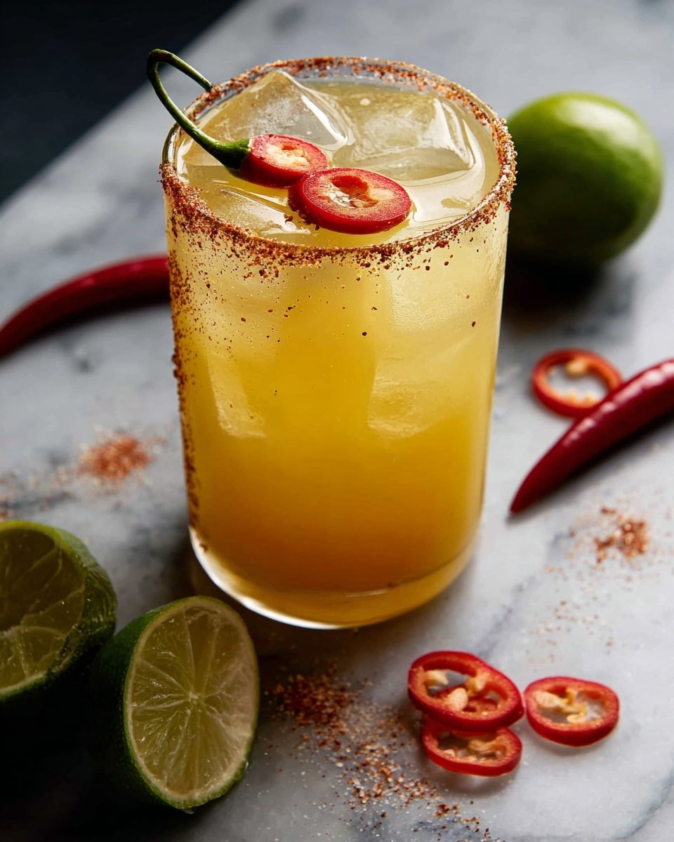 A clear glass filled about three-quarters with a yellow-orange drink sits on a white marbled surface. The glass has a rim covered with brown chili powder, and inside there are several large clear ice cubes. Floating on top are thin red chili slices, one prominently placed in the center. Around the glass are slices of red chili, a halved lime with juice squeezed out, and a whole lime, all arranged casually on the surface. The lighting is soft, focusing on the drink, creating a fresh and spicy mood. Photo taken with an iphone --ar 4:5 --v 7