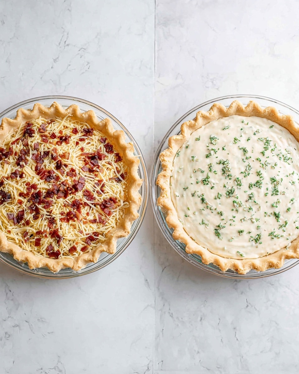 The image shows two stages of a pie in round clear glass dishes, both placed on a white marbled surface. The left dish holds a pie with a golden crimped crust filled with a layer of shredded light beige cheese mixed with small pieces of dark red bits on top. The right dish shows the same crust filled with a smooth, creamy white layer sprinkled with small green herb pieces evenly distributed on the surface. Both pies are viewed from above in a clean setup. Photo taken with an iphone --ar 4:5 --v 7