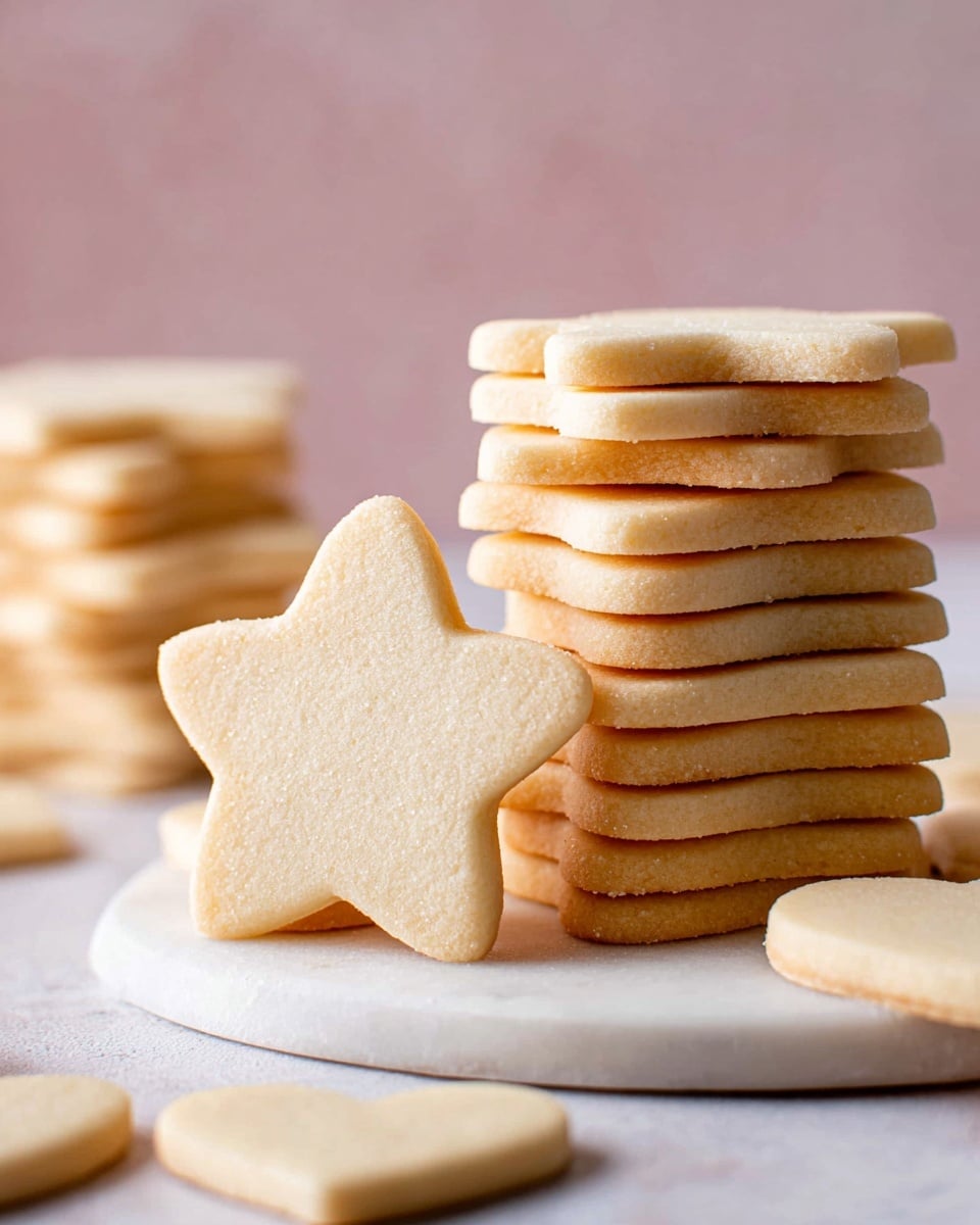 A close-up of three stacks of plain sugar cookies on a round white marble plate placed on a white marbled surface, with the middle stack shaped like stars showing 10 layers of light golden-brown cookies, a left stack of heart shapes with about 6 layers, and some heart-shaped cookies laying flat in front, all with a smooth surface and slightly browned edges against a soft pink background, photo taken with an iphone --ar 4:5 --v 7