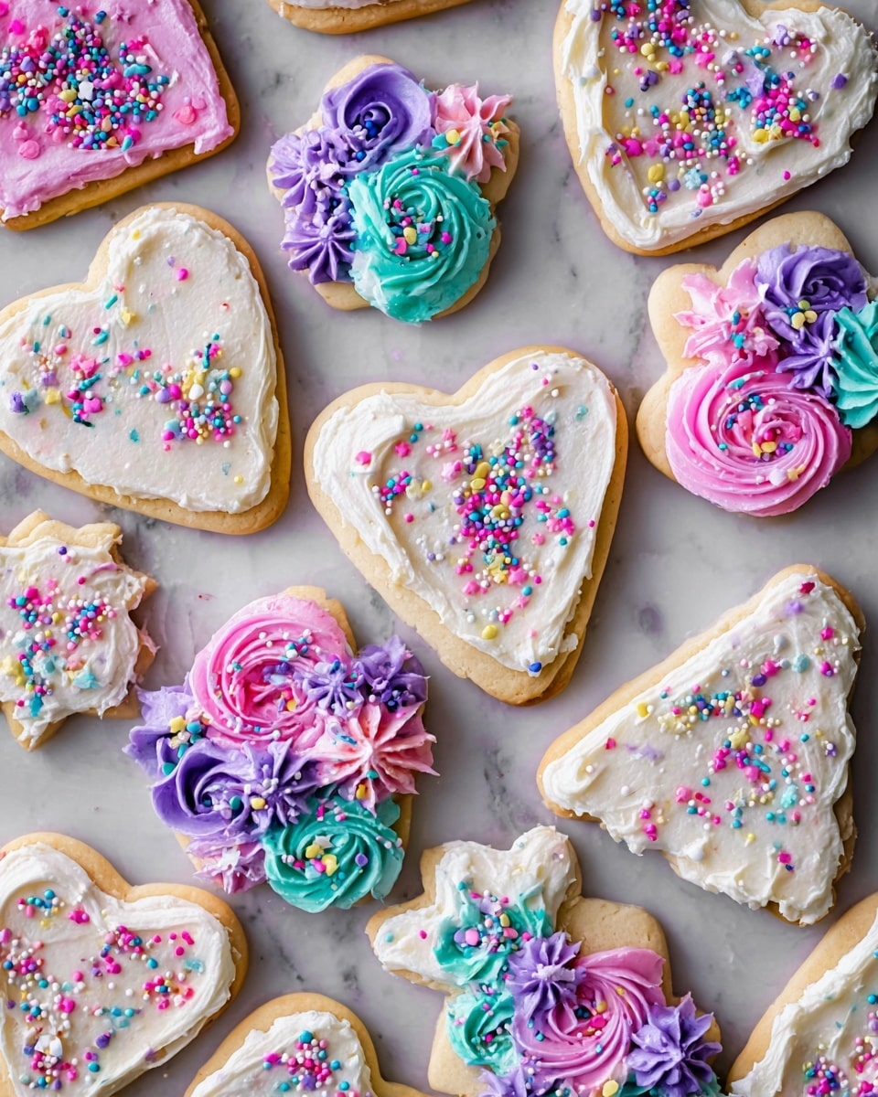 Various shapes of sugar cookies are spread on a white marbled surface, each decorated with thick layers of frosting. Some cookies have a smooth white frosting base topped with scattered small round colorful sprinkles. Others have a more detailed decoration with swirls and dollops of pink, purple, blue, and white frosting layered over the white base, also topped with the same colorful sprinkles for a bright finishing touch. The cookie shapes include hearts, stars, and petals, each richly showing the varied frosting textures like smooth, swirled, and ridged patterns on top. photo taken with an iphone --ar 4:5 --v 7