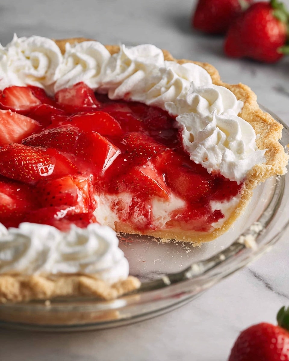 A close-up view of a strawberry pie on a clear glass plate, placed on a white marbled surface. The pie has three layers: a golden, flaky crust at the bottom with uneven edges, a thick layer of bright red glazed strawberries filling the center with a shiny, juicy texture, and a ring of white whipped cream rosettes piped around the edge of the strawberries, showing soft, smooth swirls. A few fresh strawberries are scattered on the surface close to the plate. photo taken with an iphone --ar 4:5 --v 7