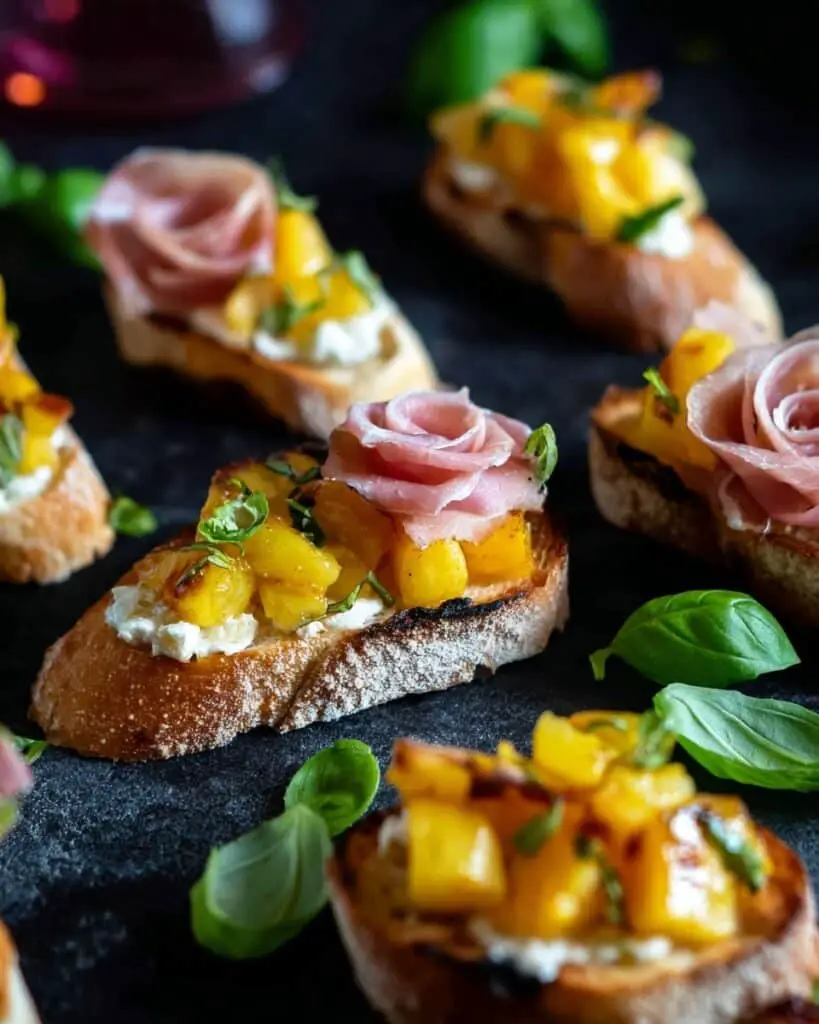 Grilled Peach & Burrata Crostini with Prosciutto Recipe