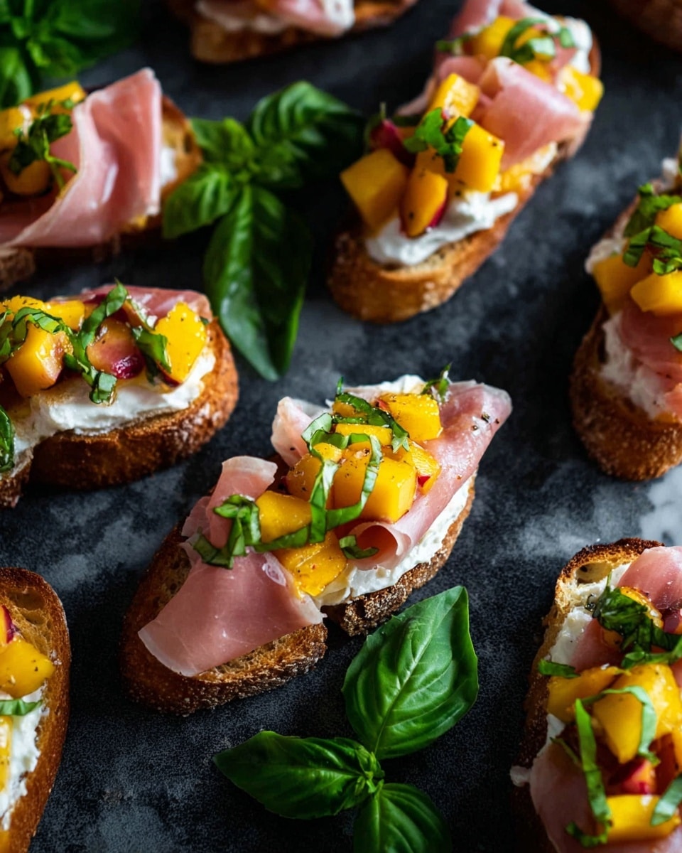 The image shows several pieces of toasted bread shaped like small slices arranged on a dark surface. Each toast has three layers: the first is the crispy golden-brown bread with light flour dust, the second is a soft white cheese spread, and the third is a topping of bright yellow diced fruit with slight charring, possibly grilled, placed on top. Some toasts also have thin, light pink slices of meat folded in a delicate rose shape next to the fruit. Fresh green basil leaves are scattered on top and around the toasts, adding a fresh and vibrant touch. The scene is close-up with a dark, blurred background, highlighting the colors and textures of the food. Photo taken with an iphone --ar 4:5 --v 7
