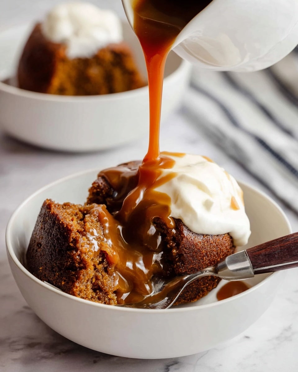 A white bowl contains two main parts: a dark brown, moist cake with a slightly rough texture, and a smooth white whipped cream dollop on the side. A thick, warm caramel sauce is being poured from a white jug onto the cake, covering the top and dripping down the edges, making the cake look shiny and rich. A fork with a dark wooden handle is digging into the cake on the right side, showing the soft inside of the cake. The whole scene is set on a white marbled surface, and in the background, there is another white bowl with a similar serving. photo taken with an iphone --ar 4:5 --v 7