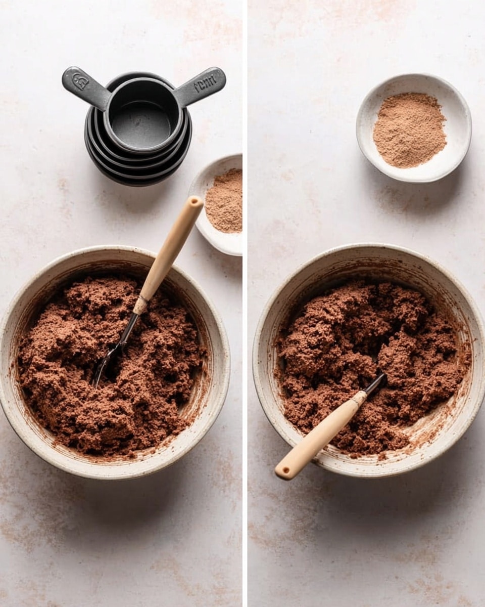 The image shows two side-by-side white bowls on a white marbled surface, each filled with a thick, crumbly brown mixture that looks like chocolate dough or batter. A wooden spoon with a light beige handle is resting inside each bowl, partially covered by the mixture. Above the bowls, there are two stacked black measuring cups and a small white bowl with a bit of light brown powder or spice in it. On the left, the mixture looks more chunky and uneven, while on the right, it appears slightly mixed more smoothly but still dense. photo taken with an iphone --ar 4:5 --v 7