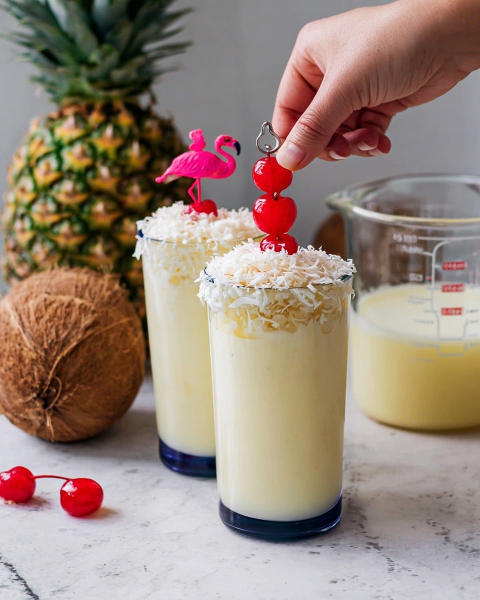 Two tall clear glasses with dark blue rims are filled with a creamy light yellow drink. The top layer is white shredded coconut, some toasted, with two red cherries skewered on a metal stick decorated with a small pink flamingo figure inserted vertically into the drink near the rim. The glasses sit on a white marbled surface, with a woman's hand holding one glass. In the background, a whole pineapple and a whole coconut are visible, along with a clear measuring jug containing more of the same light yellow liquid. Photo taken with an iphone --ar 4:5 --v 7