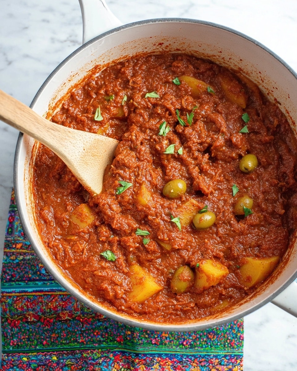 A large white pot filled with thick reddish-brown chunky stew that has visible soft yellow potato pieces and large green olives mixed in. The stew appears rich with a coarse texture, and it is sprinkled with small green herb leaves on top. A wooden spoon with a smooth surface is resting inside the pot, partially submerged in the thick stew. The pot is placed on a colorful cloth with various patterns on a white marbled surface. photo taken with an iphone --ar 4:5 --v 7