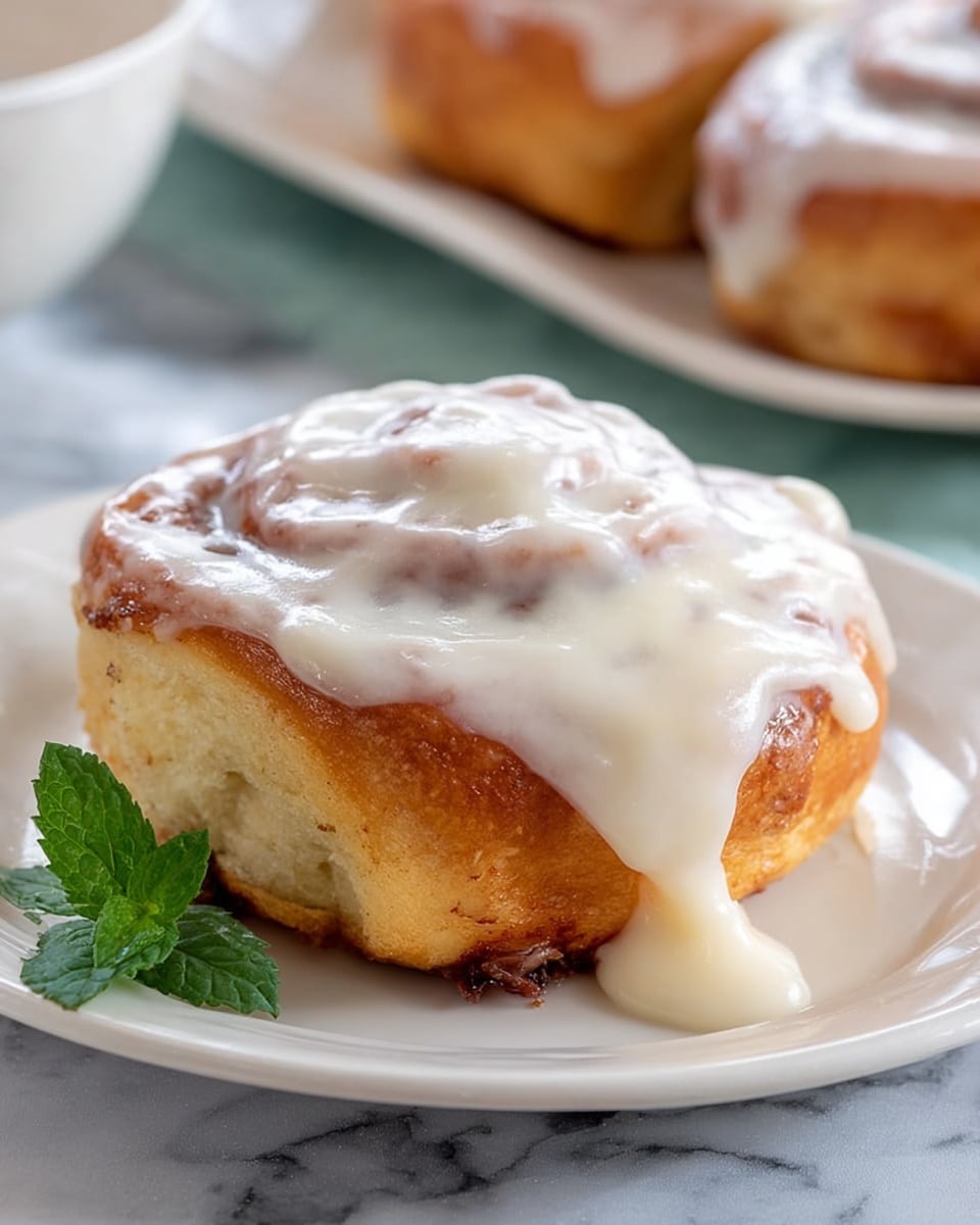 The image shows a cinnamon roll on a white plate with a white marbled background. The cinnamon roll has three visible layers: the bottom layer is a golden brown baked dough with a slightly crispy edge, the middle layer is a soft, light brown spiraled dough with cinnamon inside, and the top layer is a thick, creamy white icing that is smooth and slightly dripping down the sides. There is a small green mint leaf next to the cinnamon roll on the plate. In the background, other cinnamon rolls are blurred out. Photo taken with an iphone --ar 4:5 --v 7