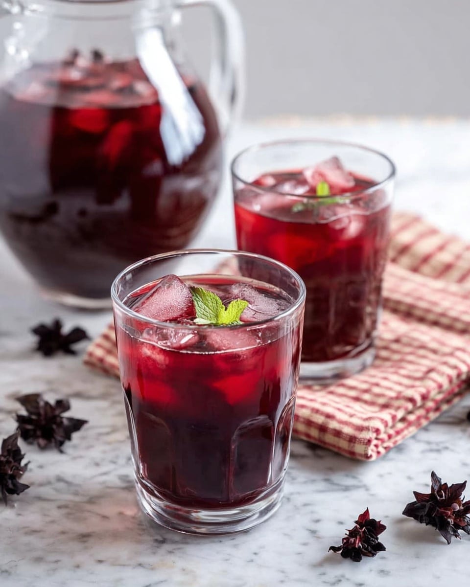 The image shows two clear glasses filled with a dark red drink, each containing ice cubes that are slightly frosted and floating near the top. The drink has a smooth texture with tiny bubbles near the edges of the glass. On top of the glass in the front, there is a fresh green mint leaf garnish positioned on the rim. The background is a white marbled surface with a hint of brown checkered cloth in the back left corner. There are a few dried purple flower petals scattered around the glasses. photo taken with an iphone --ar 4:5 --v 7
